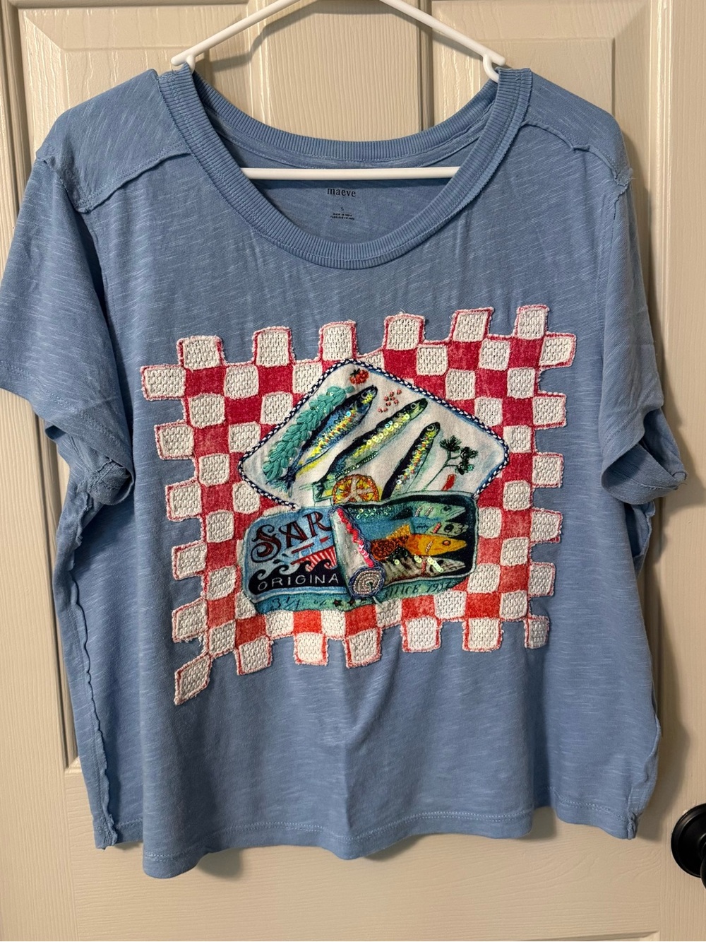Anthropologie Light Blue Short-Sleeve Graphic Tee with Red Checkerboard - Picture 2 of 4